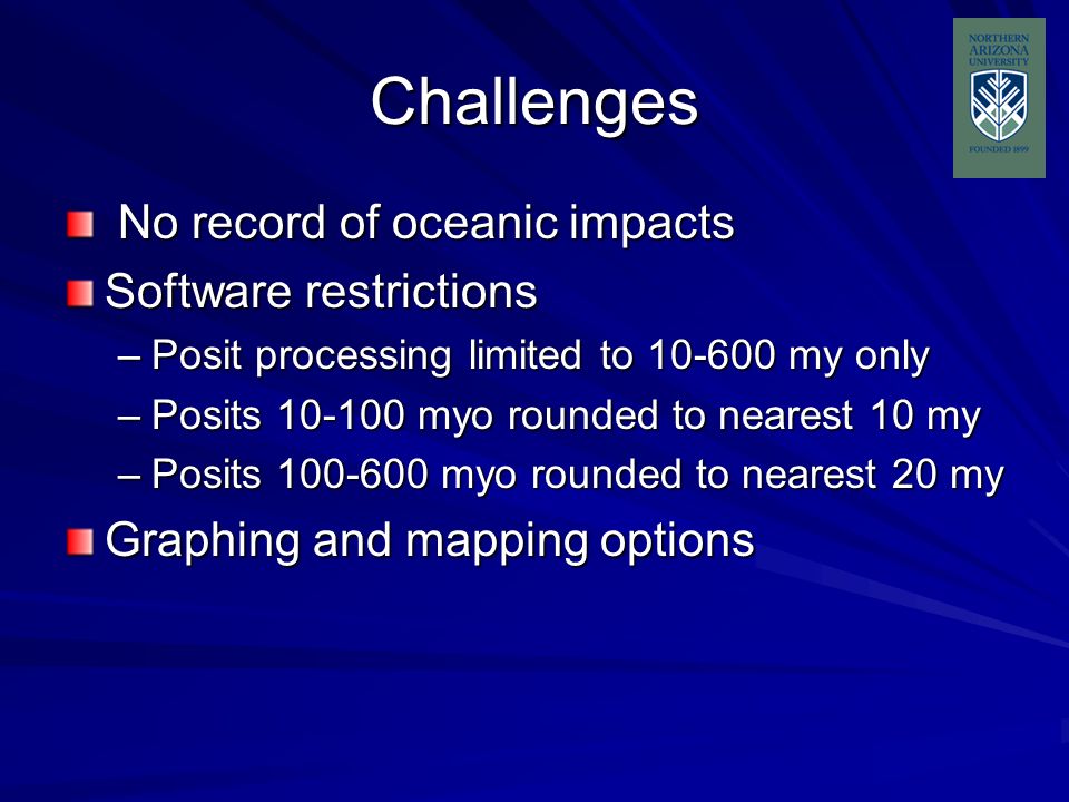 Challenges No record of oceanic impacts No record of oceanic impacts Software restrictions –Posit processing limited to my only –Posits myo rounded to nearest 10 my –Posits myo rounded to nearest 20 my Graphing and mapping options