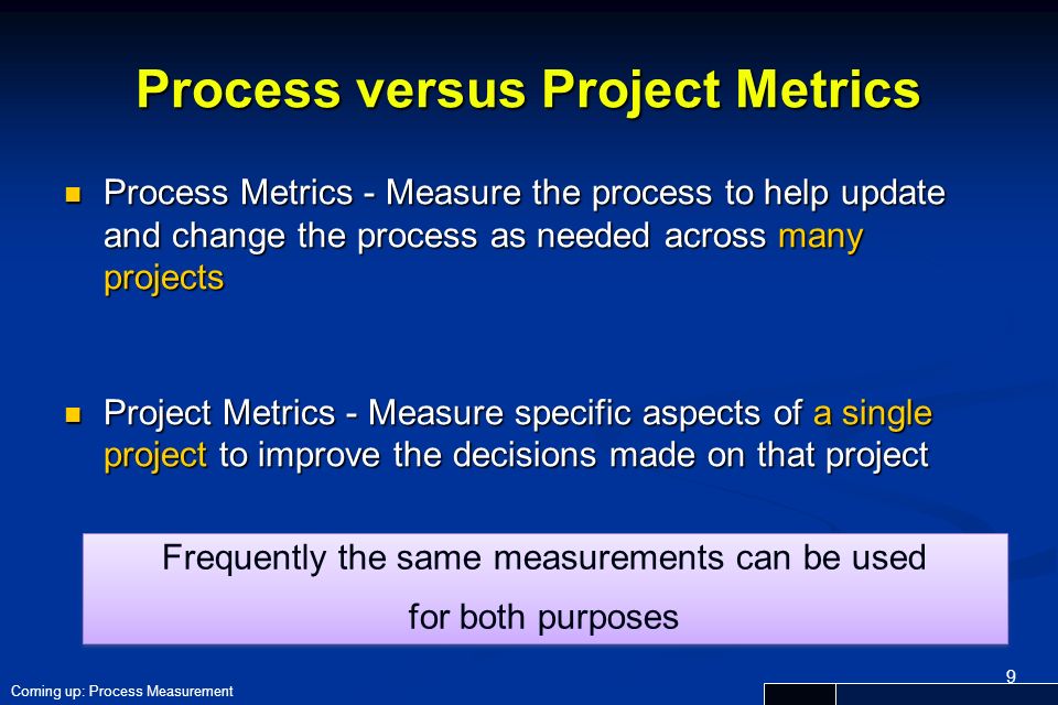 9 Process versus Project Metrics Process Metrics - Measure the process to help update and change the process as needed across many projects Process Metrics - Measure the process to help update and change the process as needed across many projects Project Metrics - Measure specific aspects of a single project to improve the decisions made on that project Project Metrics - Measure specific aspects of a single project to improve the decisions made on that project Frequently the same measurements can be used for both purposes Frequently the same measurements can be used for both purposes Coming up: Process Measurement