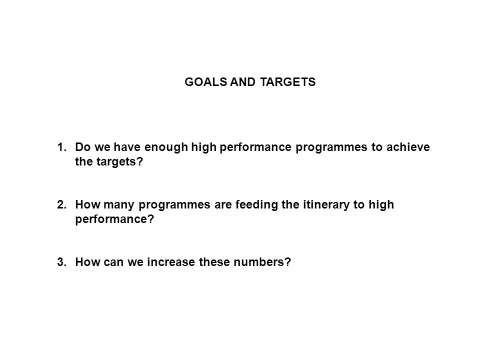 GOALS AND TARGETS 1.Do we have enough high performance programmes to achieve the targets.