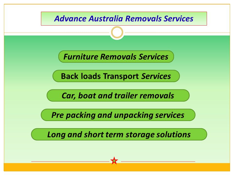 Advance Australia Removals Services Furniture Removals Services Back loads Transport Services Car, boat and trailer removals Pre packing and unpacking services Long and short term storage solutions