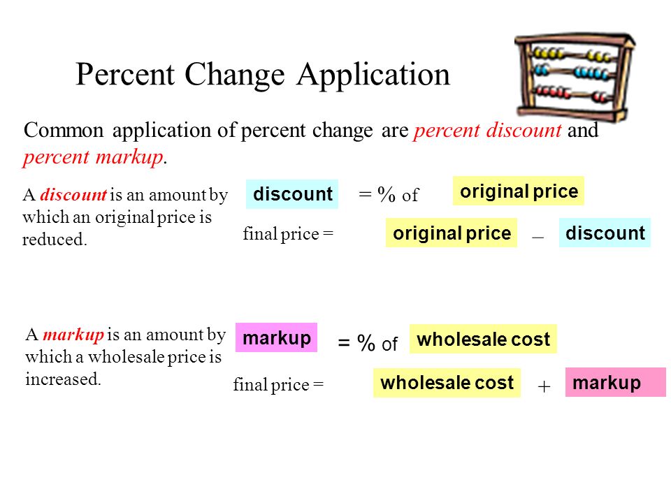 Common application of percent change are percent discount and percent markup.