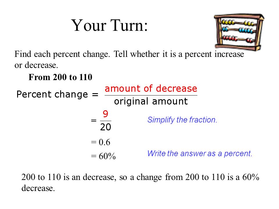 From 200 to 110 = 0.6 = 60% Write the answer as a percent.