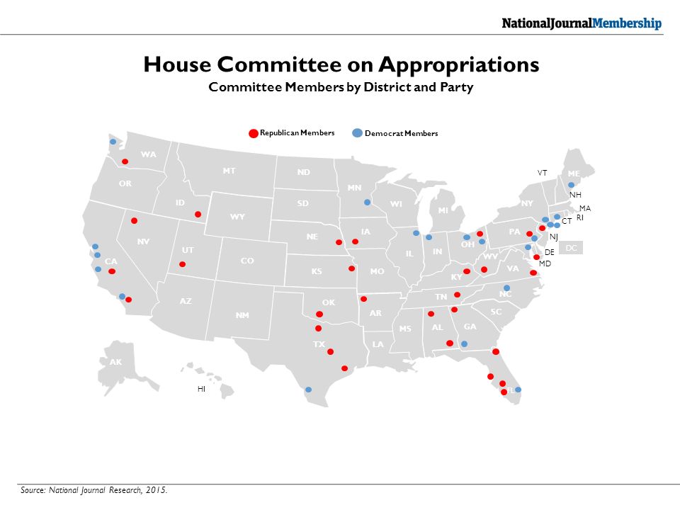 OH WV VA PA NY ME NC SC GA TN KY IN MI WI MN IL LA TX OK ID NV OR WA CA AZ NM CO WY MT ND SD IA UT FL AR MO MS AL NE KS VT NH MA RI CT NJ DE MD AK HI House Committee on Appropriations Republican Members Democrat Members Committee Members by District and Party DC Source: National Journal Research, 2015.