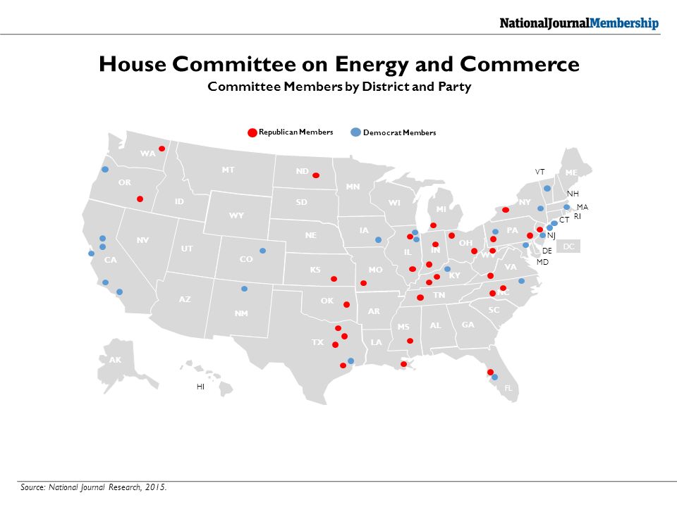 OH WV VA PA NY ME NC SC GA TN KY IN MI WI MN IL LA TX OK ID NV OR WA CA AZ NM CO WY MT ND SD IA UT FL AR MO MS AL NE KS VT NH MA RI CT NJ DE MD AK HI House Committee on Energy and Commerce Republican Members Democrat Members Committee Members by District and Party DC Source: National Journal Research, 2015.