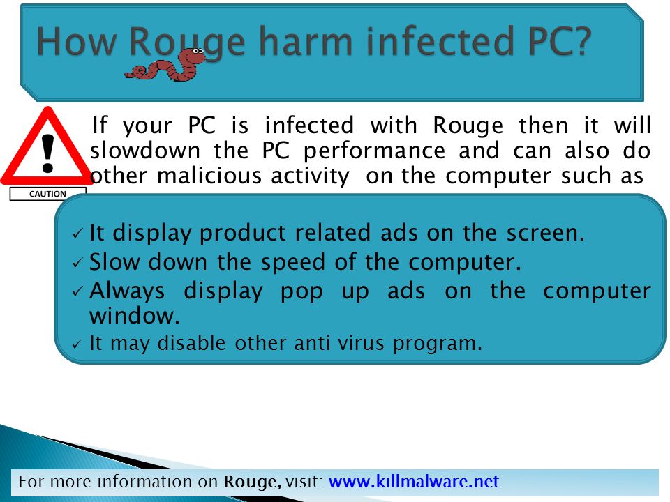 If your PC is infected with Rouge then it will slowdown the PC performance and can also do other malicious activity on the computer such as It display product related ads on the screen.