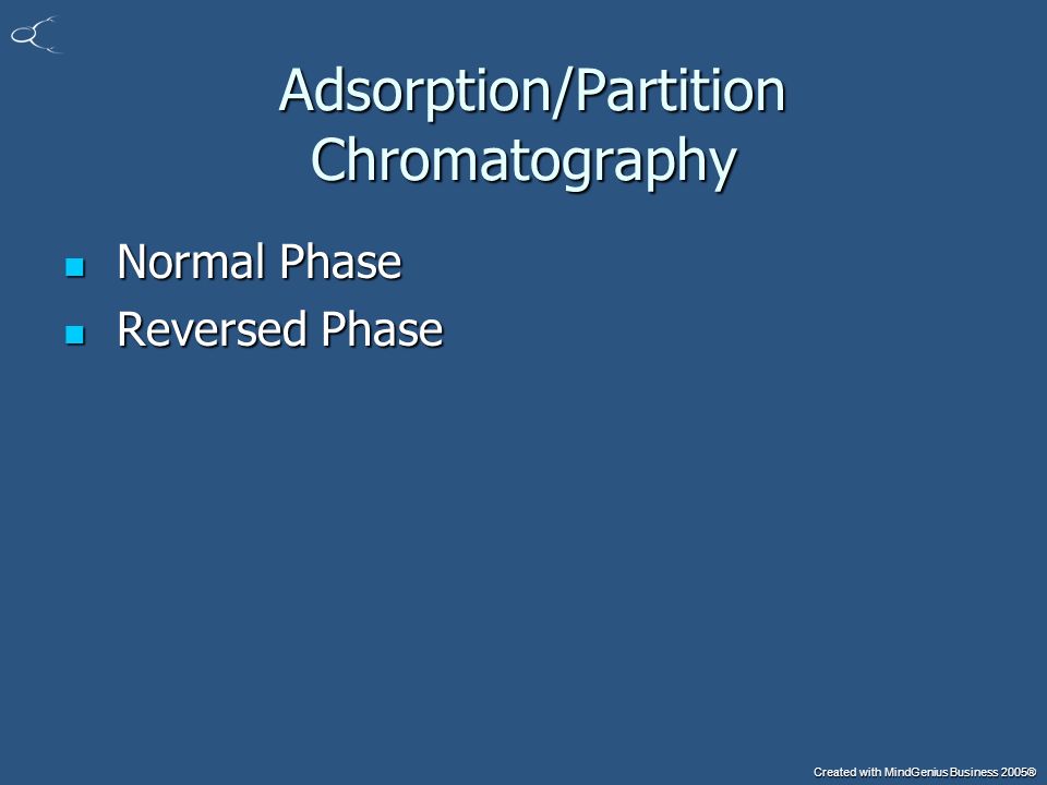 Created with MindGenius Business 2005® Adsorption/Partition Chromatography Adsorption/Partition Chromatography Normal Phase Normal Phase Reversed Phase Reversed Phase