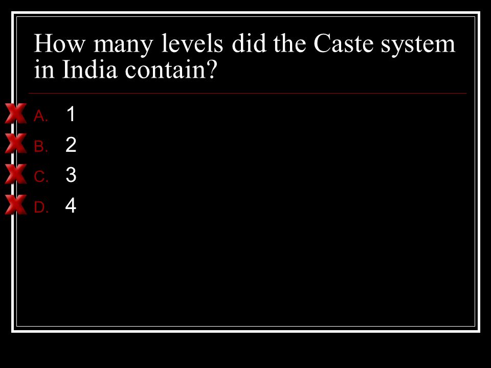 How many levels did the Caste system in India contain A. 1 B. 2 C. 3 D. 4