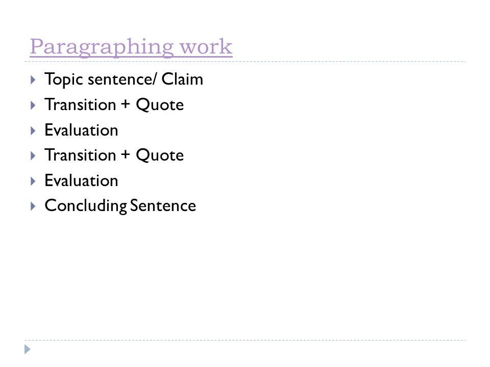 Paragraphing work  Topic sentence/ Claim  Transition + Quote  Evaluation  Transition + Quote  Evaluation  Concluding Sentence