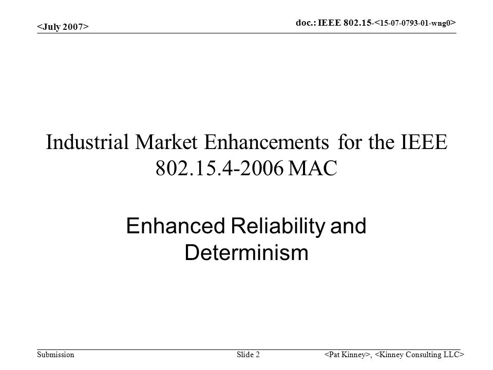 doc.: IEEE Submission, Slide 2 Industrial Market Enhancements for the IEEE MAC Enhanced Reliability and Determinism