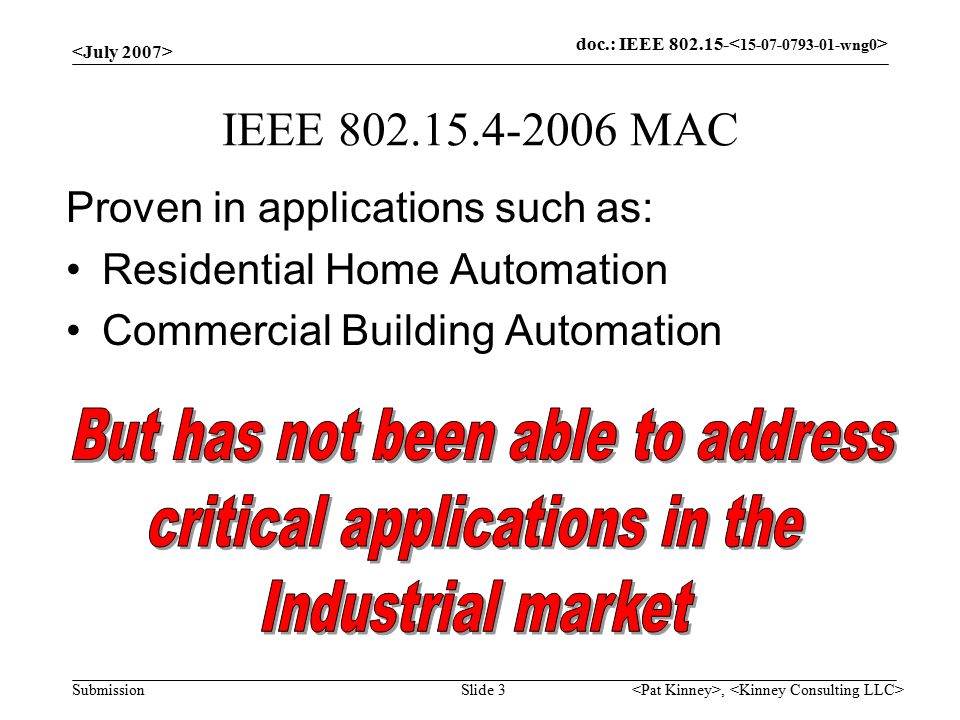 doc.: IEEE Submission, Slide 3 IEEE MAC Proven in applications such as: Residential Home Automation Commercial Building Automation