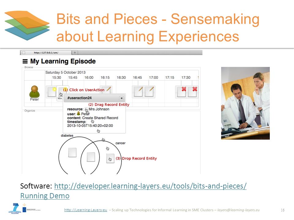 – Scaling up Technologies for Informal Learning in SME Clusters – Bits and Pieces - Sensemaking about Learning Experiences 16 Software:   Running Demohttp://developer.learning-layers.eu/tools/bits-and-pieces/ Running Demo