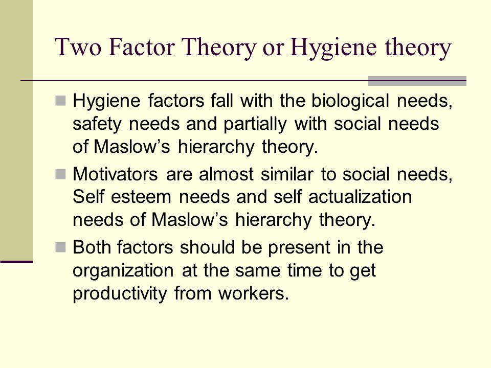 Two Factor Theory or Hygiene theory Hygiene factors fall with the biological needs, safety needs and partially with social needs of Maslow’s hierarchy theory.