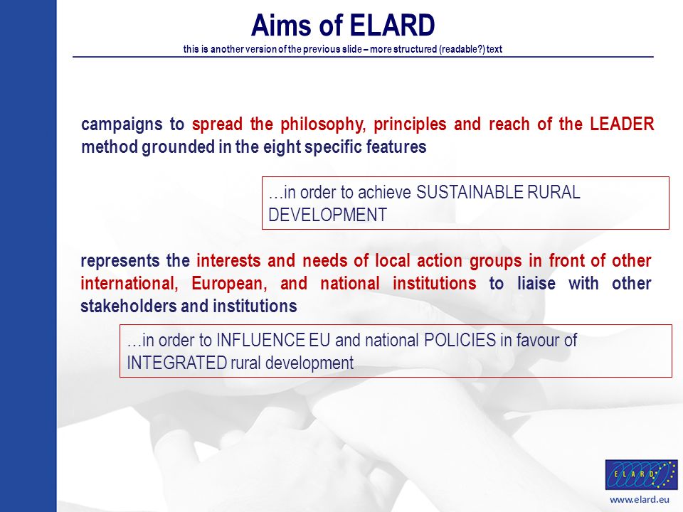 Aims of ELARD this is another version of the previous slide – more structured (readable ) text campaigns to spread the philosophy, principles and reach of the LEADER method grounded in the eight specific features represents the interests and needs of local action groups in front of other international, European, and national institutions to liaise with other stakeholders and institutions …in order to achieve SUSTAINABLE RURAL DEVELOPMENT …in order to INFLUENCE EU and national POLICIES in favour of INTEGRATED rural development
