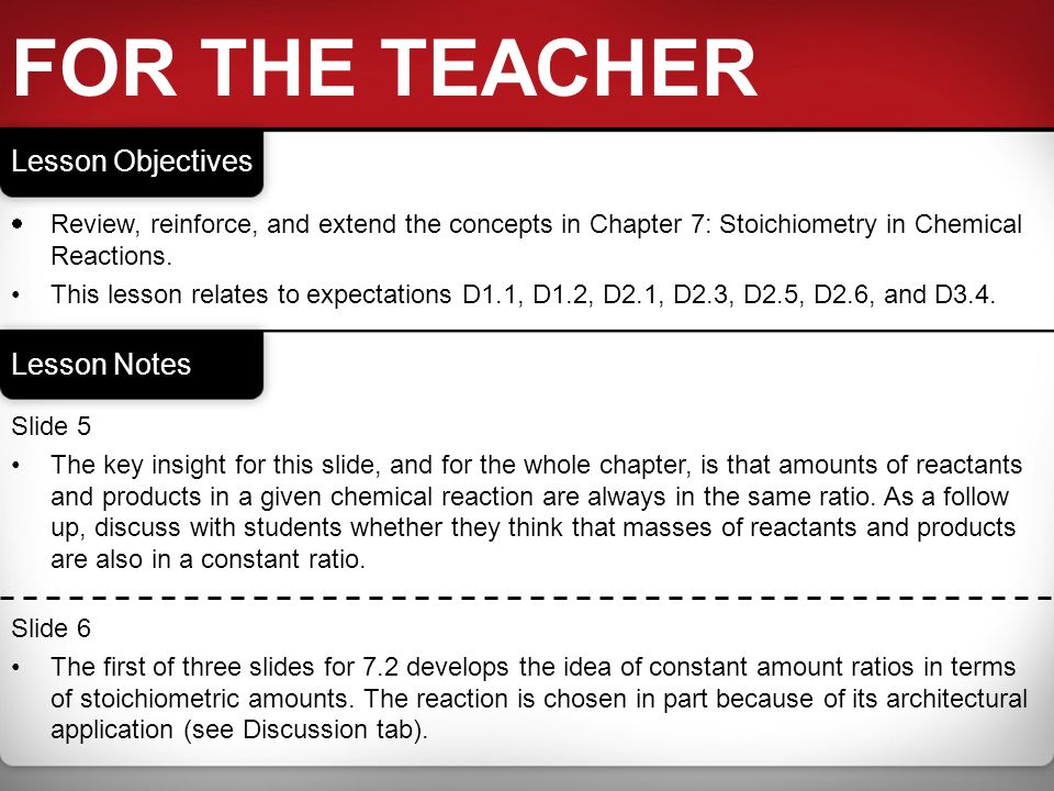 FOR THE TEACHER Lesson Objectives  Review, reinforce, and extend the concepts in Chapter 7: Stoichiometry in Chemical Reactions.