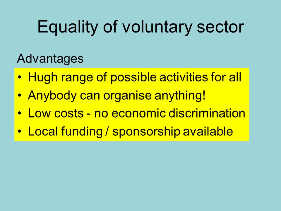 Equality of voluntary sector Advantages Hugh range of possible activities for all Anybody can organise anything.