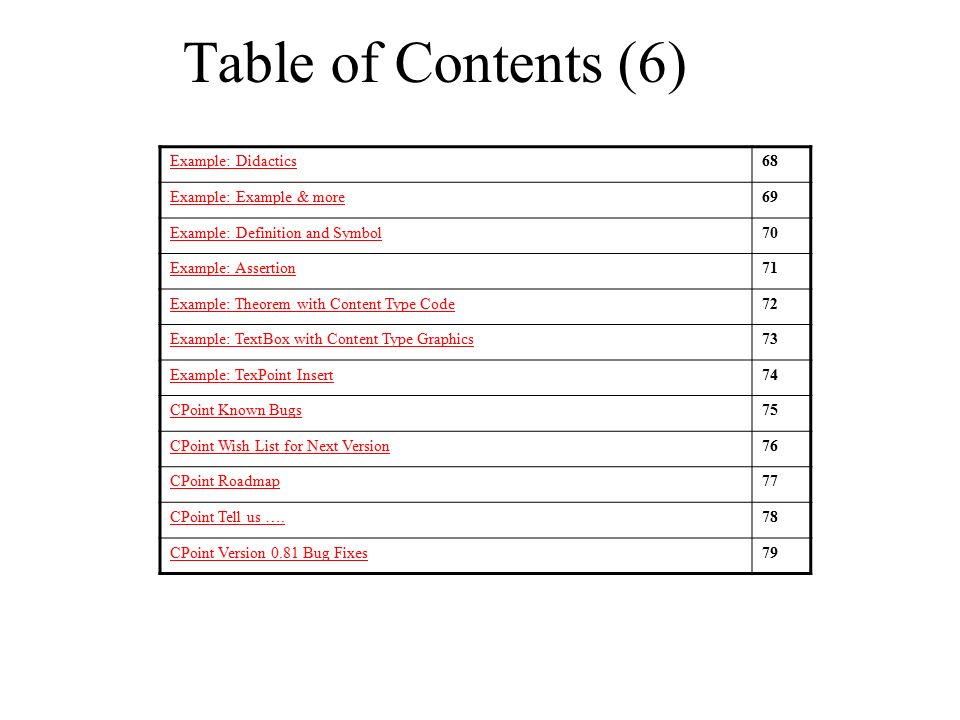 Table of Contents (6) Example: Didactics68 Example: Example & more69 Example: Definition and Symbol70 Example: Assertion71 Example: Theorem with Content Type Code72 Example: TextBox with Content Type Graphics73 Example: TexPoint Insert74 CPoint Known Bugs75 CPoint Wish List for Next Version76 CPoint Roadmap77 CPoint Tell us ….78 CPoint Version 0.81 Bug Fixes79