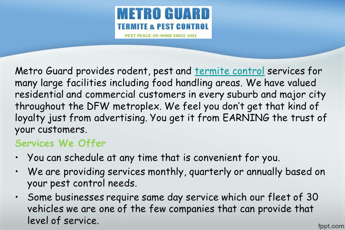 Metro Guard provides rodent, pest and termite control services for many large facilities including food handling areas.