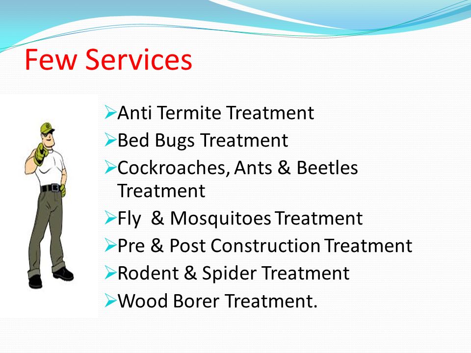 Few Services  Anti Termite Treatment  Bed Bugs Treatment  Cockroaches, Ants & Beetles Treatment  Fly & Mosquitoes Treatment  Pre & Post Construction Treatment  Rodent & Spider Treatment  Wood Borer Treatment.