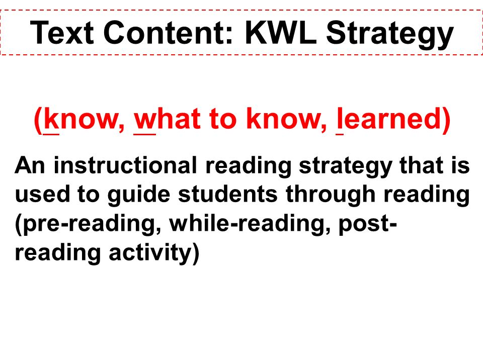 (know, what to know, learned) An instructional reading strategy that is used to guide students through reading (pre-reading, while-reading, post- reading activity) Text Content: KWL Strategy