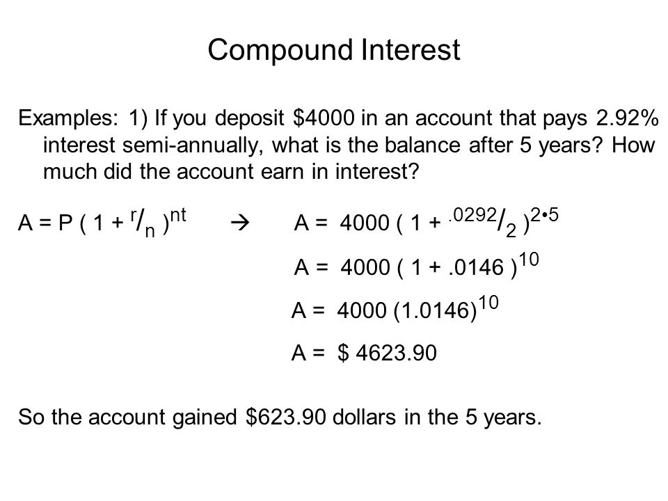 Compound Interest I Compound Interest A P 1 R N Nt A Account Balance After Time Has Passed P Principal You Put In The Bank R Interest Ppt Download