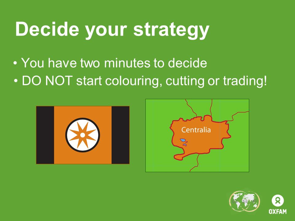 You have two minutes to decide Decide your strategy DO NOT start colouring, cutting or trading!