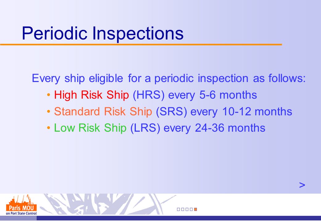 > Every ship eligible for a periodic inspection as follows: High Risk Ship (HRS) every 5-6 months Standard Risk Ship (SRS) every months Low Risk Ship (LRS) every months Periodic Inspections