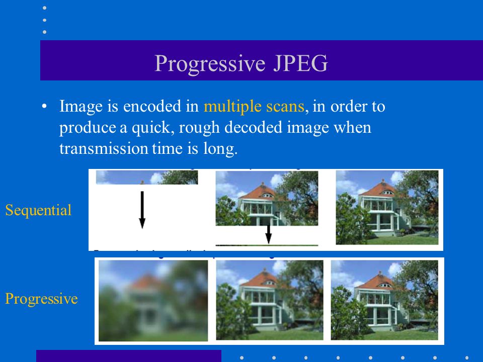 Progressive JPEG Image is encoded in multiple scans, in order to produce a quick, rough decoded image when transmission time is long.