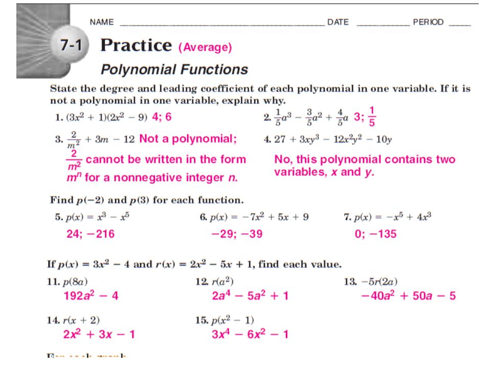 Polynomial Functions Chapter 7 Algebra 2b A Polynomial Function Is A Function Of The Form F X A N X N A N 1 X N 1 A 1 X A 0 Where Ppt Download