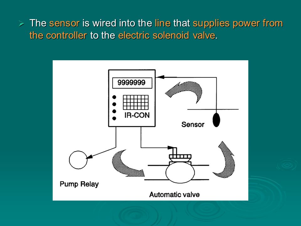  The sensor is wired into the line that supplies power from the controller to the electric solenoid valve.