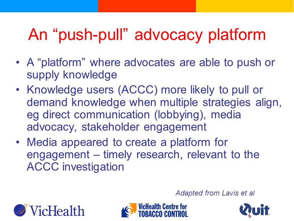 An push-pull advocacy platform A platform where advocates are able to push or supply knowledge Knowledge users (ACCC) more likely to pull or demand knowledge when multiple strategies align, eg direct communication (lobbying), media advocacy, stakeholder engagement Media appeared to create a platform for engagement – timely research, relevant to the ACCC investigation Adapted from Lavis et al