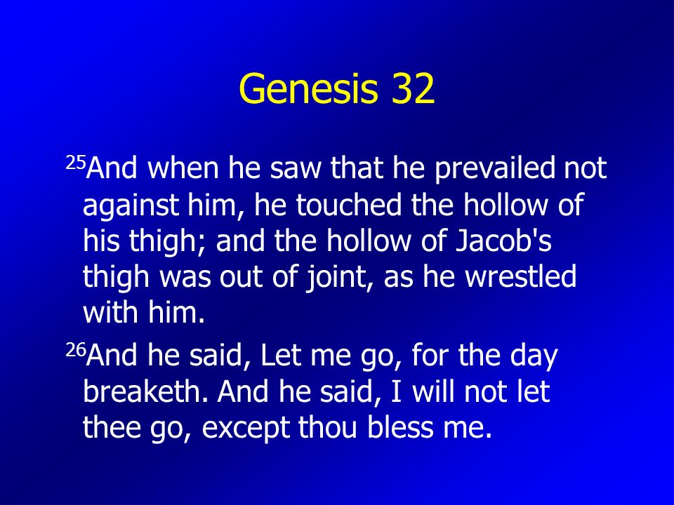 Genesis And when he saw that he prevailed not against him, he touched the hollow of his thigh; and the hollow of Jacob s thigh was out of joint, as he wrestled with him.
