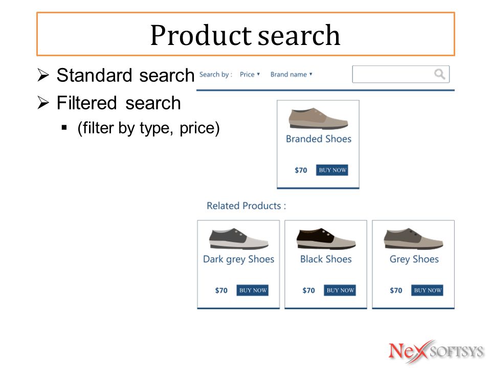 Product search  Standard search  Filtered search  (filter by type, price)