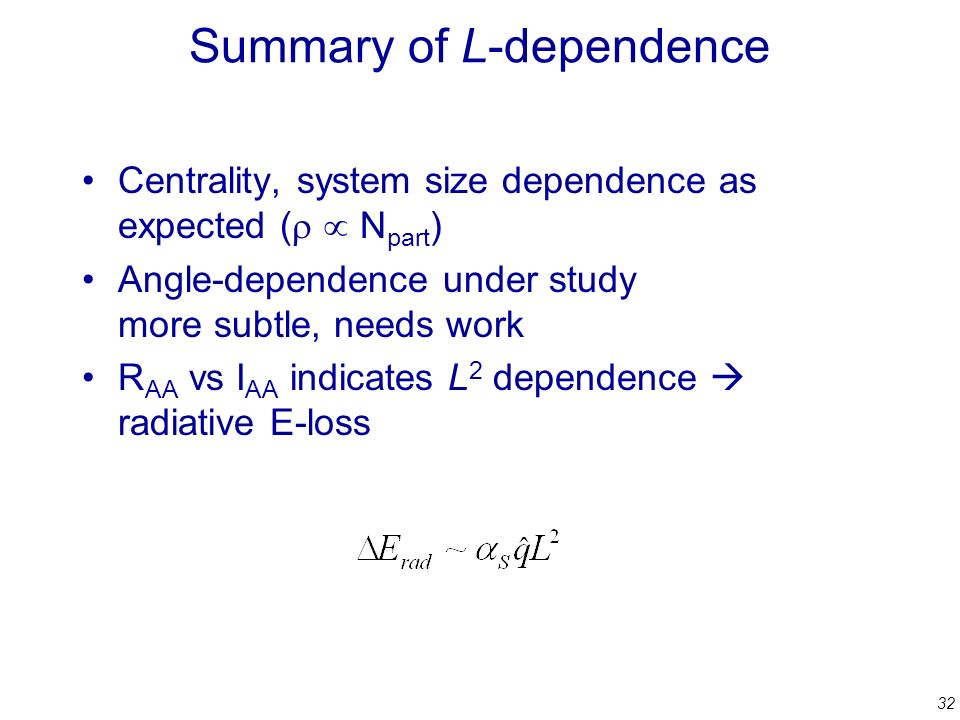 32 Summary of L-dependence Centrality, system size dependence as expected (   N part ) Angle-dependence under study more subtle, needs work R AA vs I AA indicates L 2 dependence  radiative E-loss