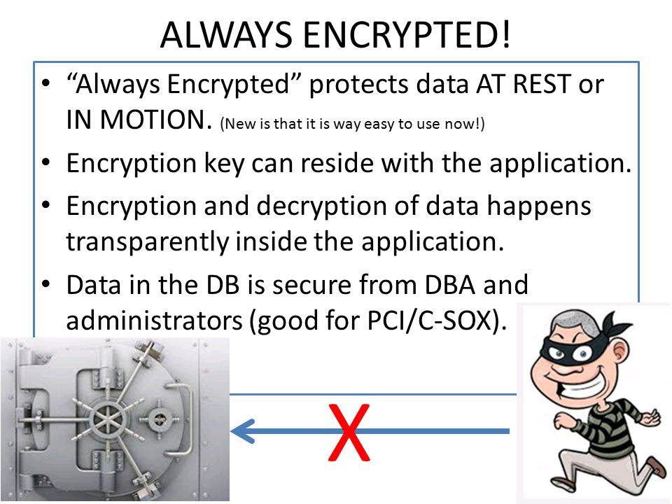ALWAYS ENCRYPTED. Always Encrypted protects data AT REST or IN MOTION.