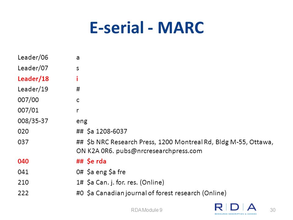 E-serial - MARC Leader/06a Leader/07s Leader/18i Leader/19# 007/00c 007/01r 008/35-37eng 020## $a ## $b NRC Research Press, 1200 Montreal Rd, Bldg M-55, Ottawa, ON K2A 0R6.