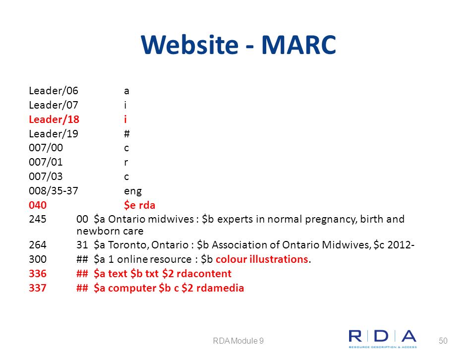Website - MARC Leader/06a Leader/07i Leader/18i Leader/19# 007/00 c 007/01r 007/03c 008/35-37eng 040$e rda $a Ontario midwives : $b experts in normal pregnancy, birth and newborn care $a Toronto, Ontario : $b Association of Ontario Midwives, $c ## $a 1 online resource : $b colour illustrations.