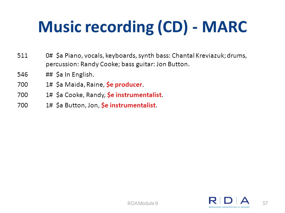 Music recording (CD) - MARC 5110# $a Piano, vocals, keyboards, synth bass: Chantal Kreviazuk; drums, percussion: Randy Cooke; bass guitar: Jon Button.