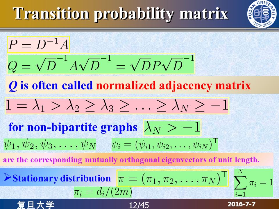 复旦大学 Transition probability matrix 12/ for non-bipartite graphs are the corresponding mutually orthogonal eigenvectors of unit length.