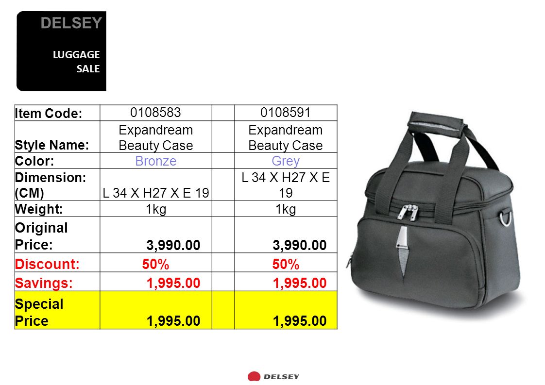 DELSEY LUGGAGE SALE 50% OFF ON ALL ITEMS. DELSEY 1stsemester 2007 LUGGAGE  SALE WHEN: MAY 17-21, AM- 7PM * Primer employee may use their lunch break,  - ppt download