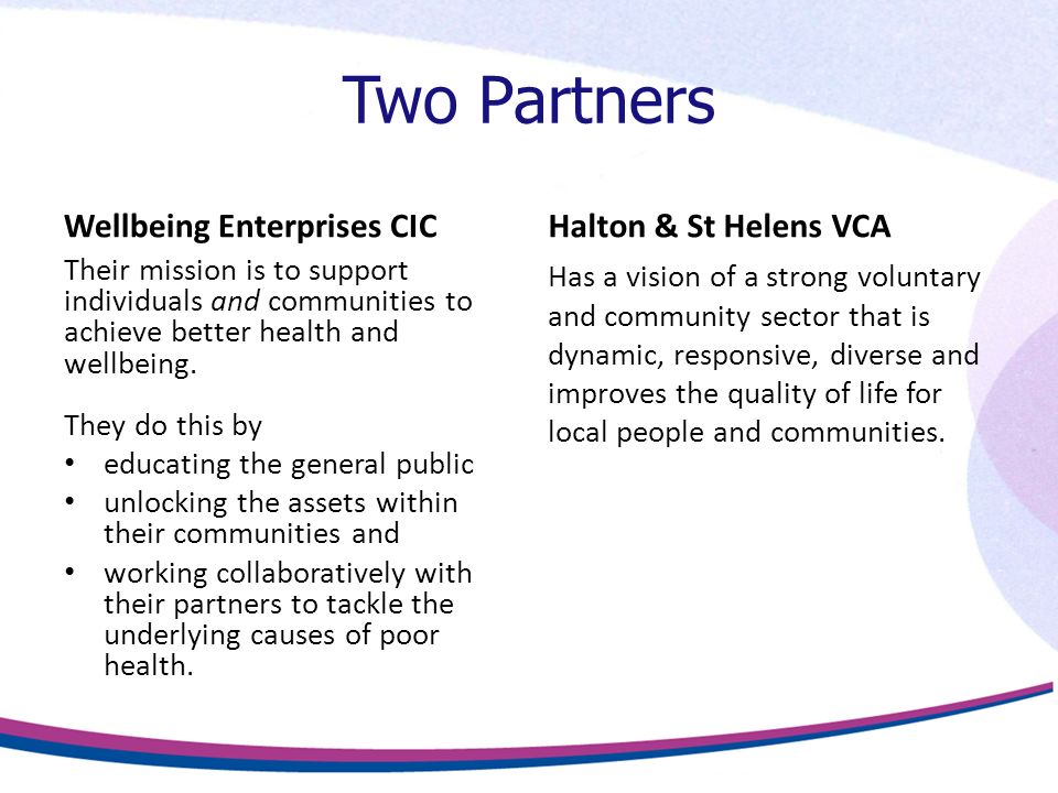 Two Partners Wellbeing Enterprises CIC Their mission is to support individuals and communities to achieve better health and wellbeing.