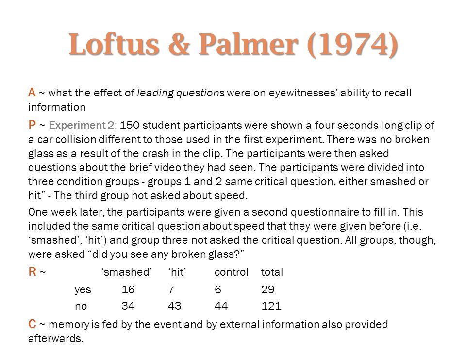 Loftus & Palmer (1974) A ~ what the effect of leading questions were on eyewitnesses’ ability to recall information P ~ Experiment 2: 150 student participants were shown a four seconds long clip of a car collision different to those used in the first experiment.