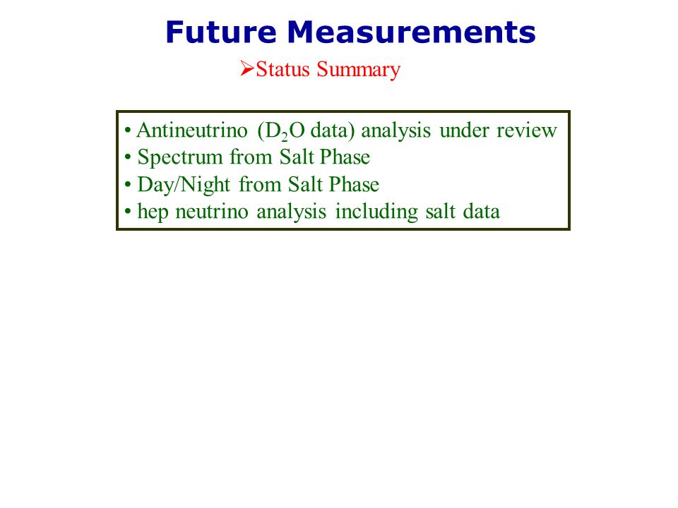 Future Measurements  Status Summary Antineutrino (D 2 O data) analysis under review Spectrum from Salt Phase Day/Night from Salt Phase hep neutrino analysis including salt data