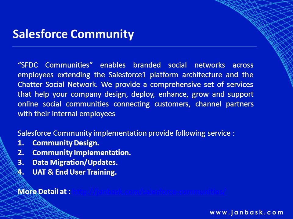 Salesforce Community SFDC Communities enables branded social networks across employees extending the Salesforce1 platform architecture and the Chatter Social Network.