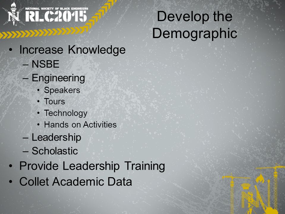 Increase Knowledge –NSBE –Engineering Speakers Tours Technology Hands on Activities –Leadership –Scholastic Provide Leadership Training Collet Academic Data Develop the Demographic