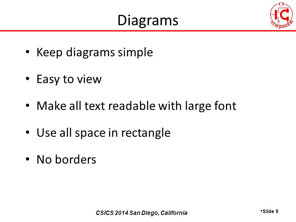 CSICS 2013 Monterey, California CSICS 2014 San Diego, California Keep diagrams simple Easy to view Make all text readable with large font Use all space in rectangle No borders Slide 9 Diagrams
