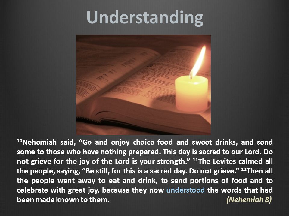 Understanding 10 Nehemiah said, Go and enjoy choice food and sweet drinks, and send some to those who have nothing prepared.