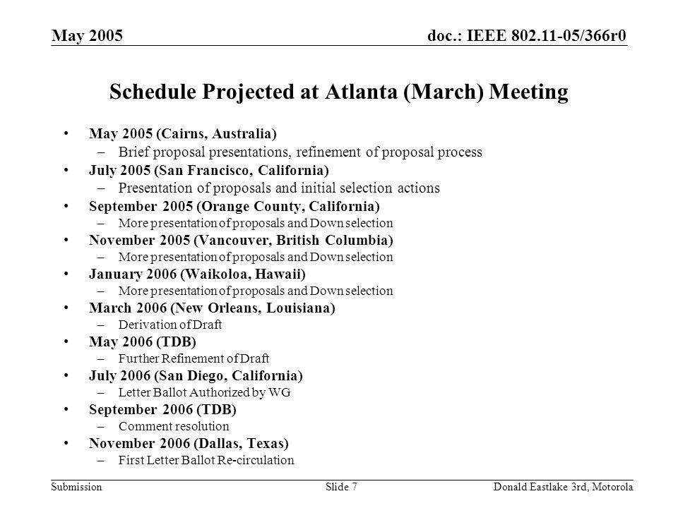 doc.: IEEE /366r0 Submission May 2005 Donald Eastlake 3rd, MotorolaSlide 7 Schedule Projected at Atlanta (March) Meeting May 2005 (Cairns, Australia) –Brief proposal presentations, refinement of proposal process July 2005 (San Francisco, California) –Presentation of proposals and initial selection actions September 2005 (Orange County, California) –More presentation of proposals and Down selection November 2005 (Vancouver, British Columbia) –More presentation of proposals and Down selection January 2006 (Waikoloa, Hawaii) –More presentation of proposals and Down selection March 2006 (New Orleans, Louisiana) –Derivation of Draft May 2006 (TDB) –Further Refinement of Draft July 2006 (San Diego, California) –Letter Ballot Authorized by WG September 2006 (TDB) –Comment resolution November 2006 (Dallas, Texas) –First Letter Ballot Re-circulation