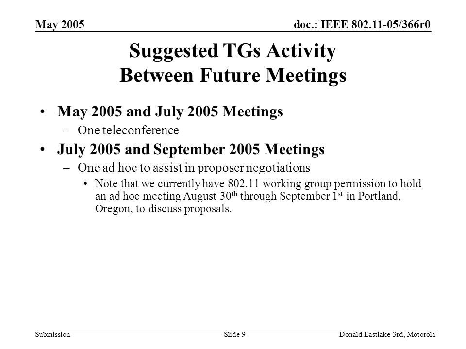 doc.: IEEE /366r0 Submission May 2005 Donald Eastlake 3rd, MotorolaSlide 9 Suggested TGs Activity Between Future Meetings May 2005 and July 2005 Meetings –One teleconference July 2005 and September 2005 Meetings –One ad hoc to assist in proposer negotiations Note that we currently have working group permission to hold an ad hoc meeting August 30 th through September 1 st in Portland, Oregon, to discuss proposals.