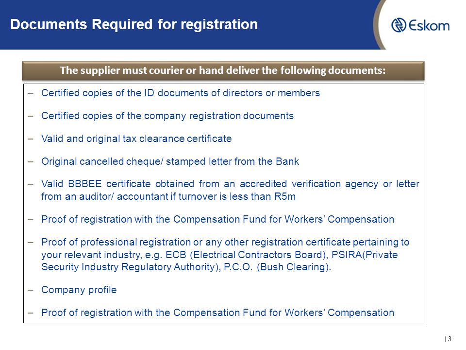 Vendor Registration Process Followed By Eskom For New Registration 2 Receive Request To Create A New Vendor By Means Of Contract Or Po Request Proof Ppt Download
