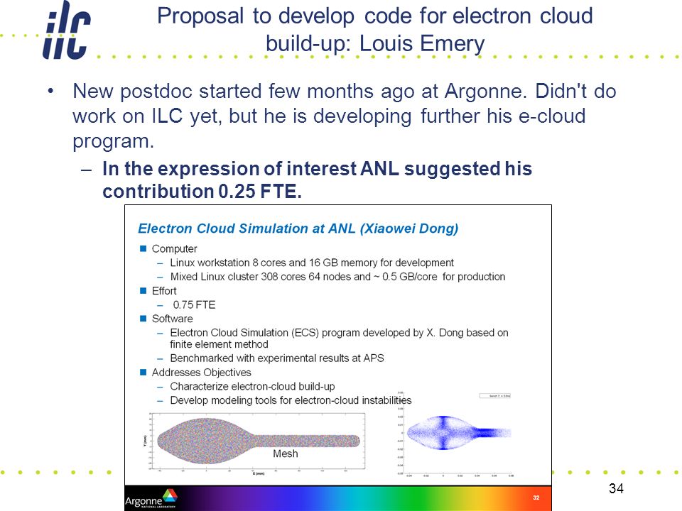 34 Proposal to develop code for electron cloud build-up: Louis Emery New postdoc started few months ago at Argonne.